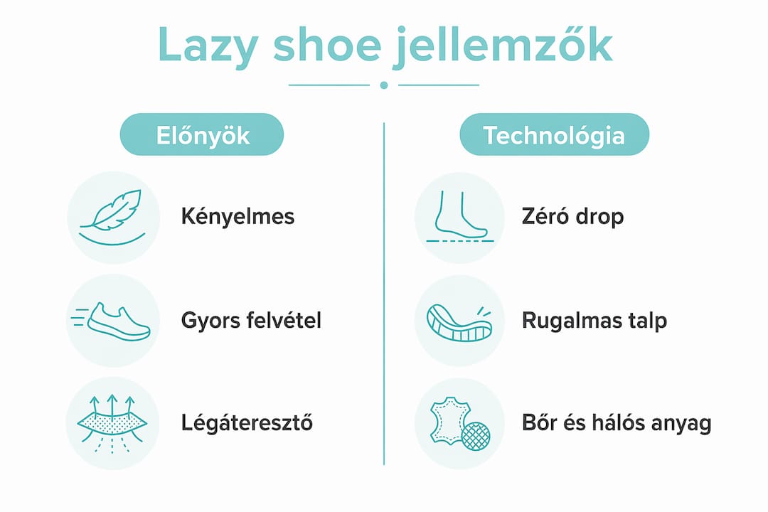 Infografika a lazy shoe cipők előnyeiről és innovatív megoldásairól