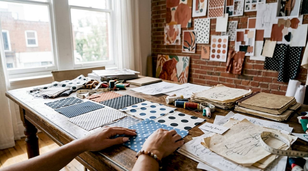 Hands arranging polka dot fabric swatches