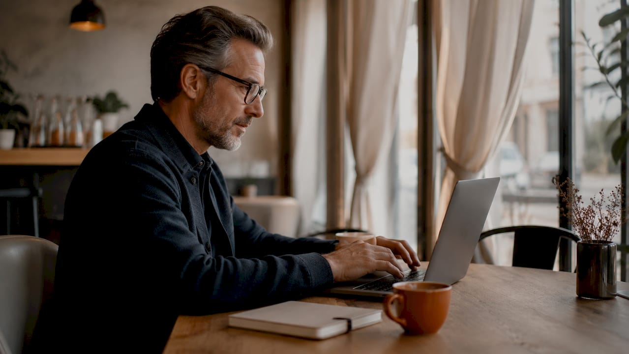 Man browsing online marketplace at home desk