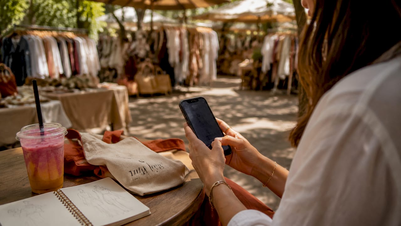 Hands scrolling fashion social media feed on smartphone