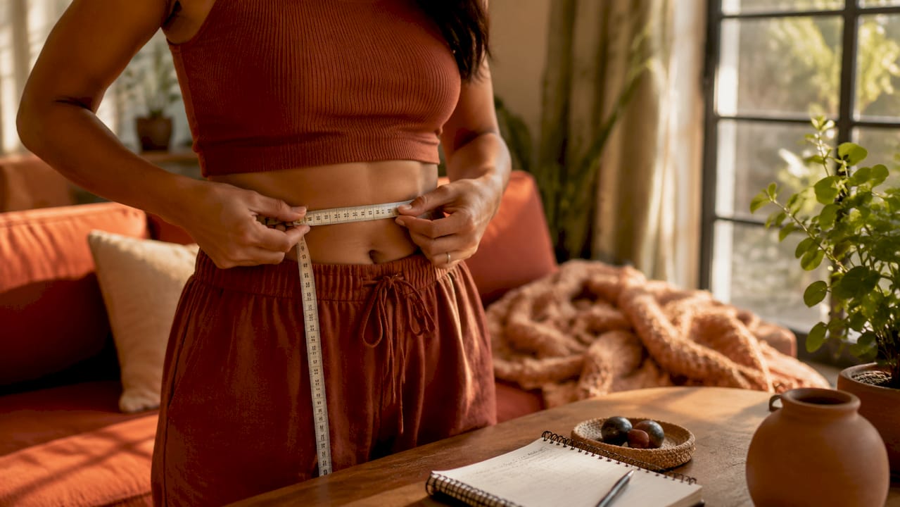 Hands measuring waist with tape for dress sizing