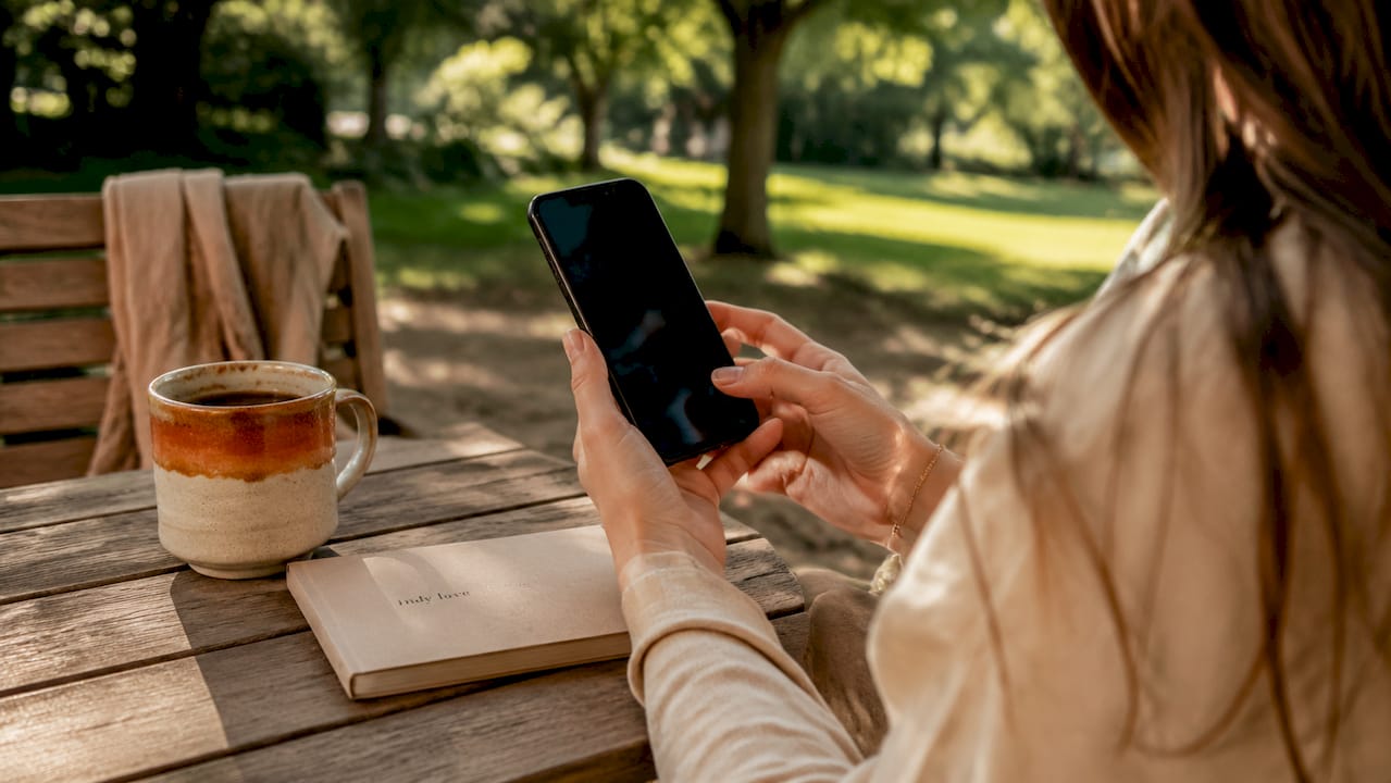 Hands using mobile AI outfit app in café