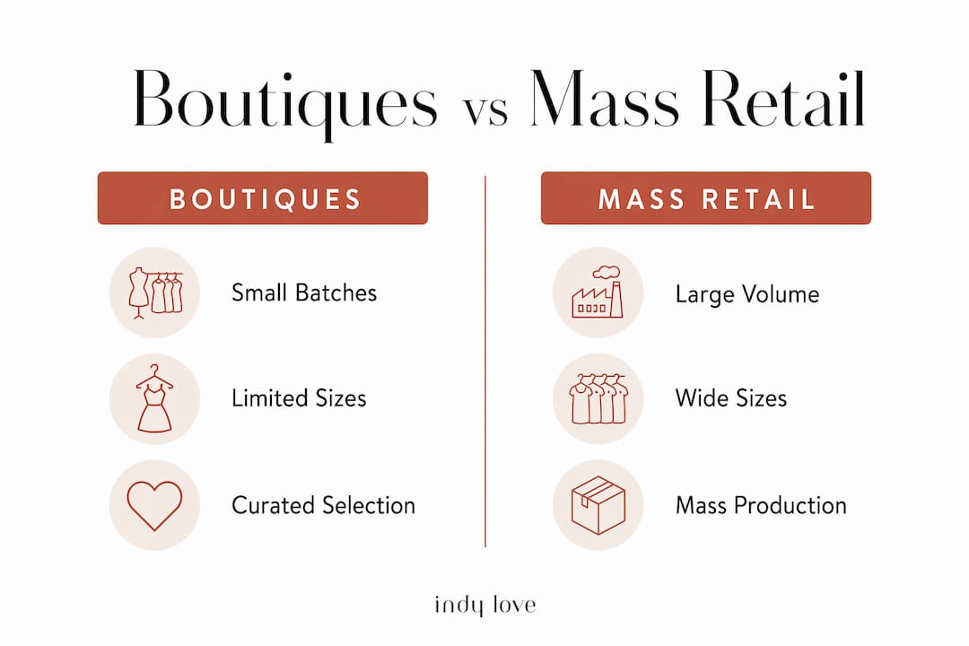 Infographic comparing boutique and mass retail stock features