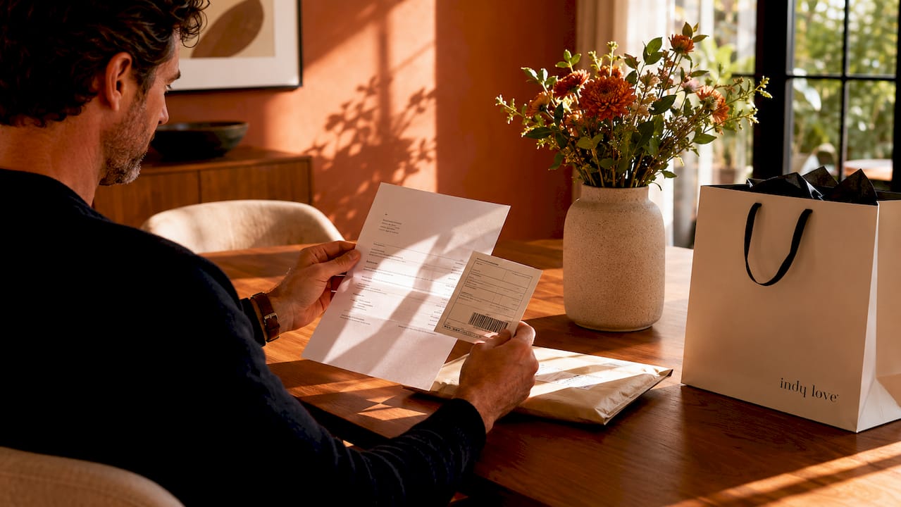 Hands holding fashion order tracking documents