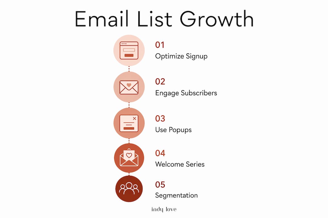 Infographic illustrating 5 steps to grow boutique email list