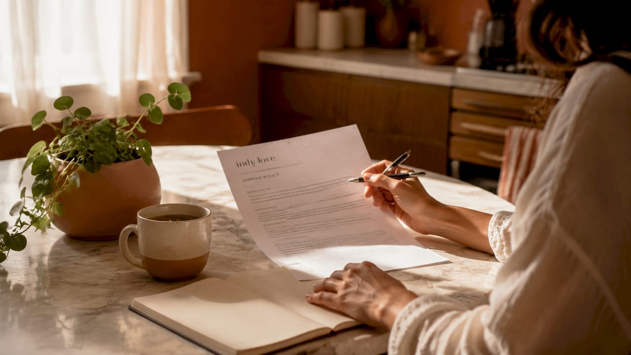 Close-up of hands reviewing shipping policy documents