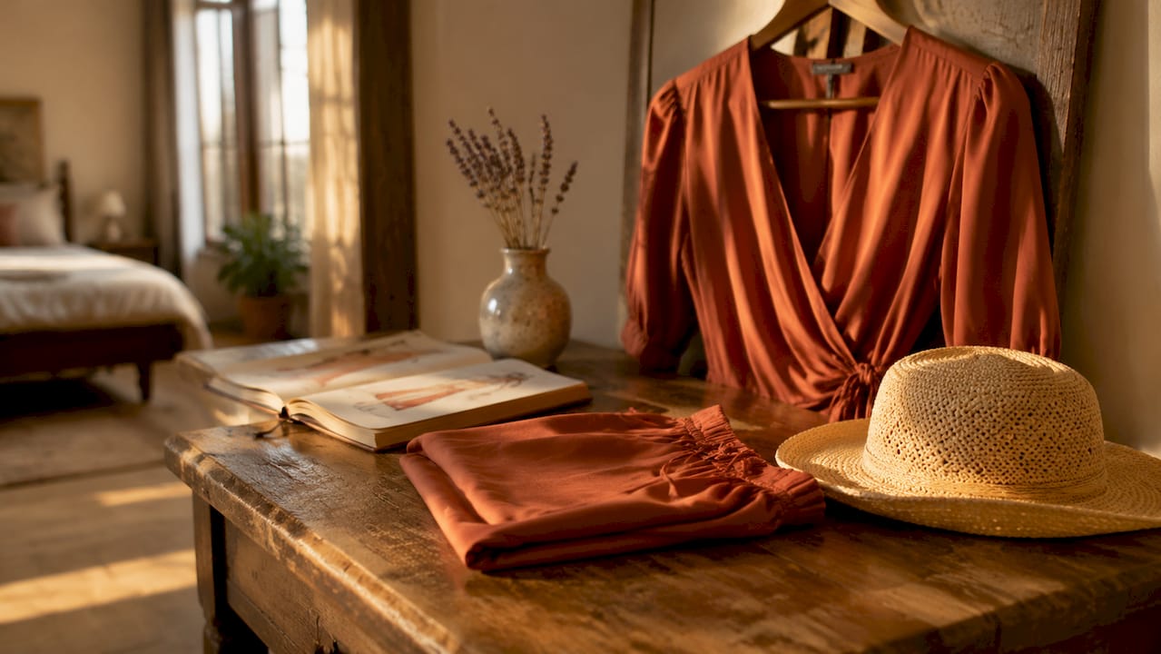 Curated boutique clothing pieces on dressing table