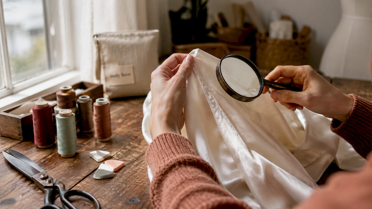 Hands inspecting French seam with magnifying glass