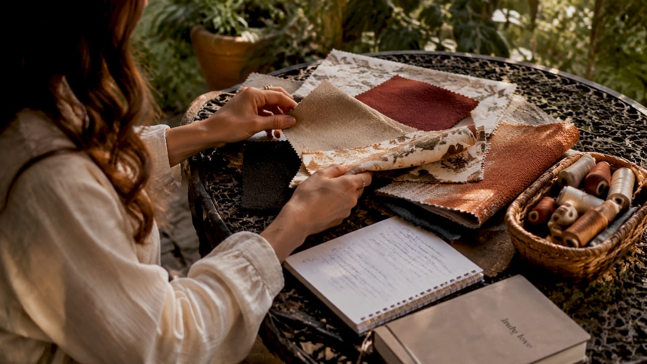 Hands comparing fabric samples closely