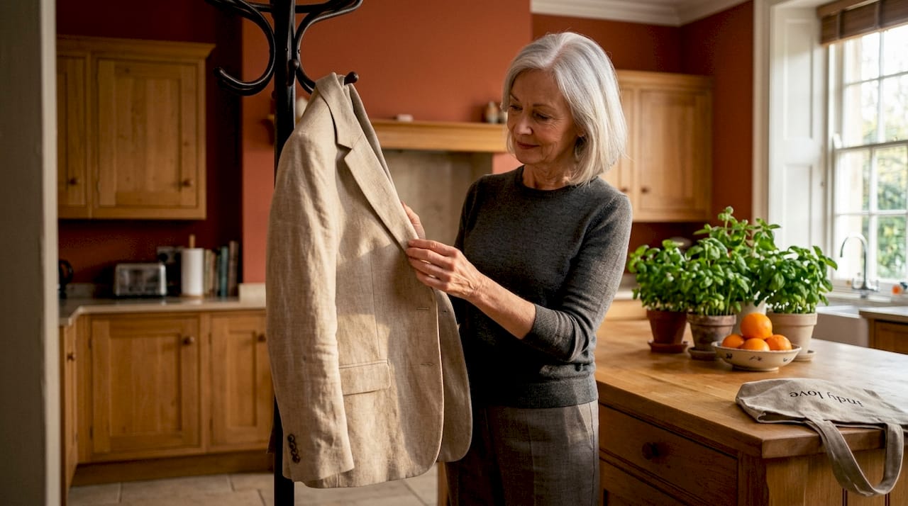 Elegant woman feeling fabric of classic blazer