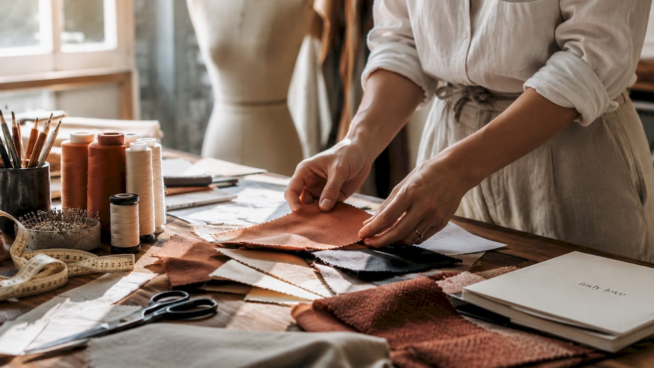 Tailor inspecting fabric swatches and garment details