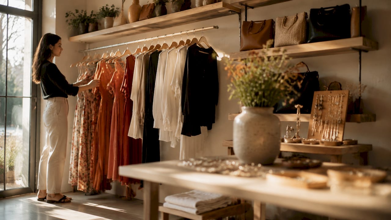 Hand-curated boutique clothing display close-up