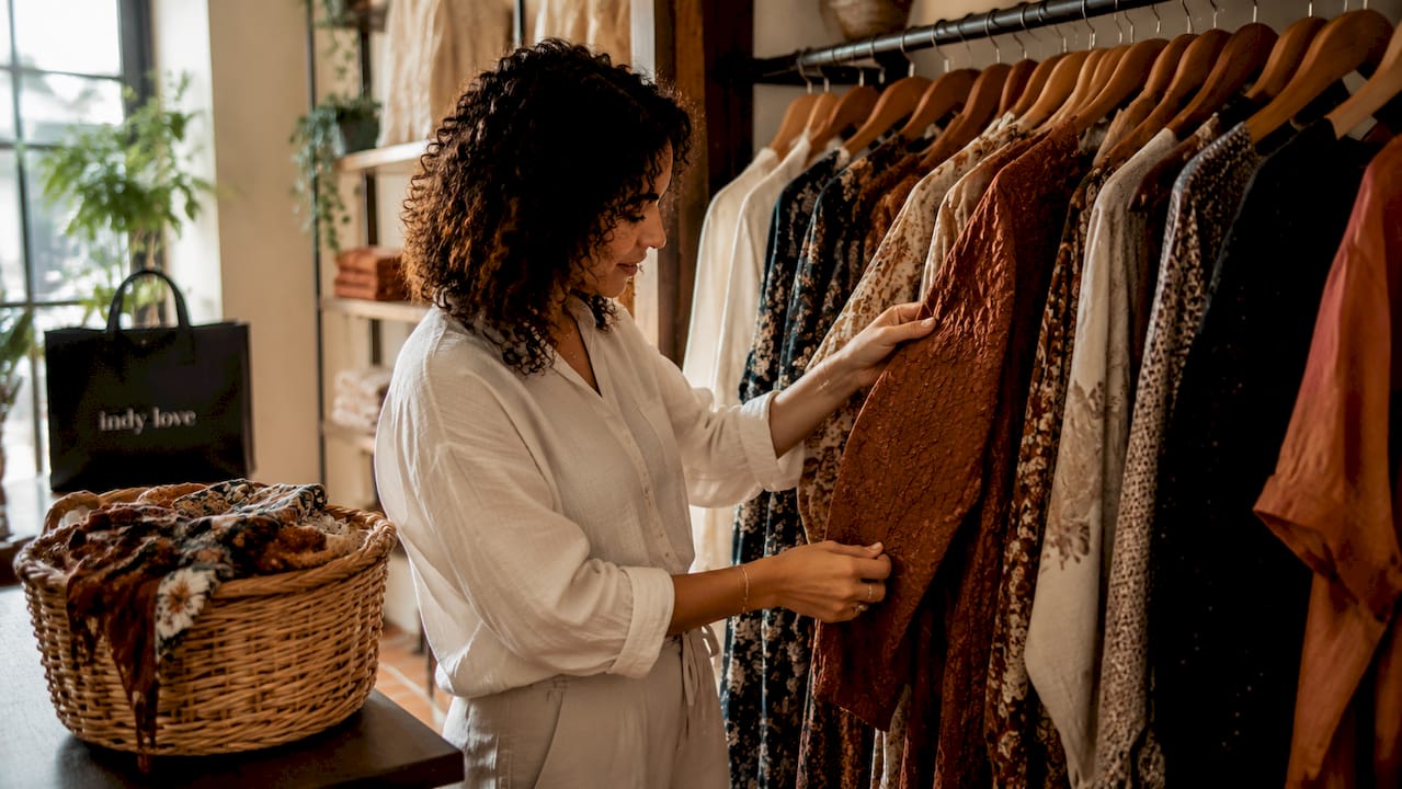 Boutique owner arranging curated fashion items