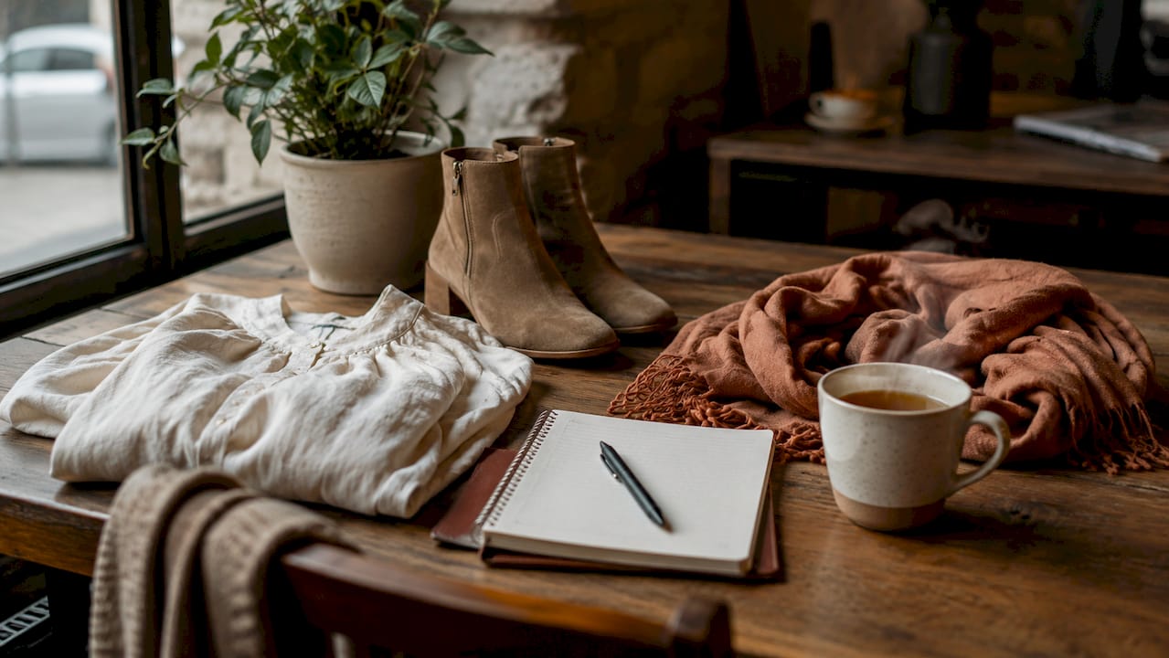 Quality fashion pieces arranged on table overhead