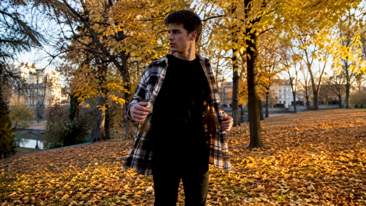 Close-up of layered casual street style outfit