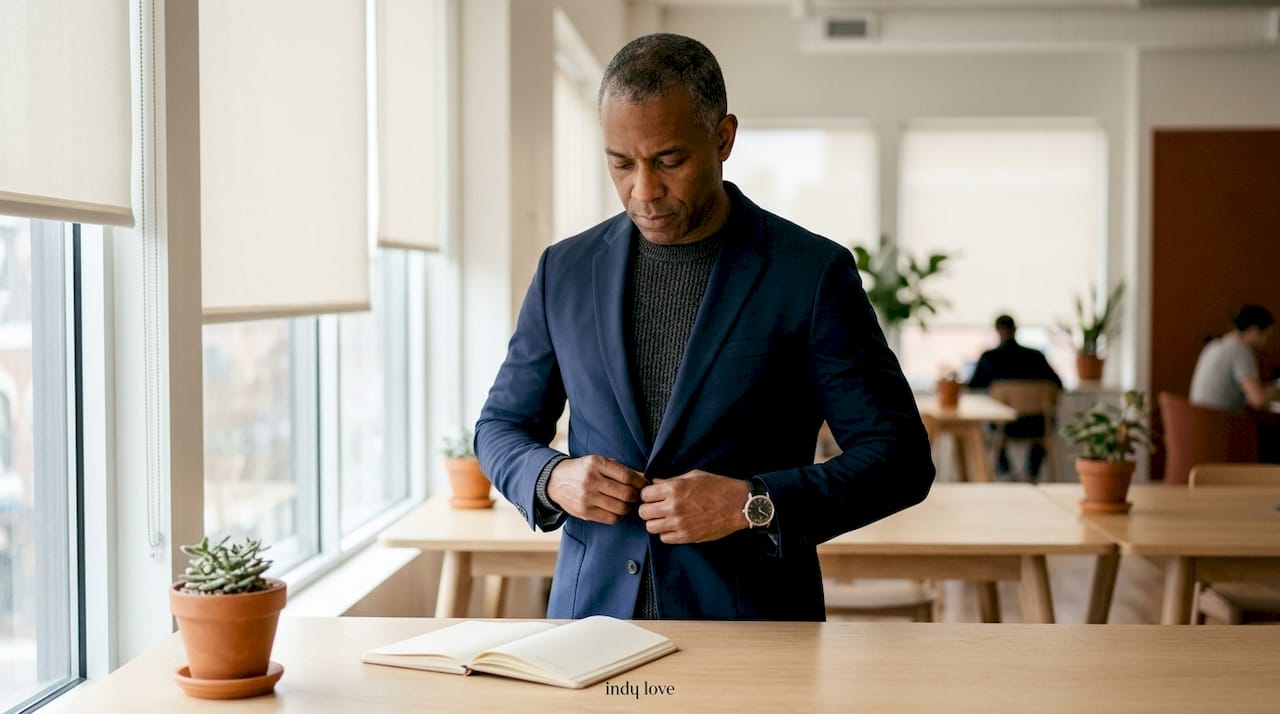 Close-up of man adjusting technical workwear layering in office