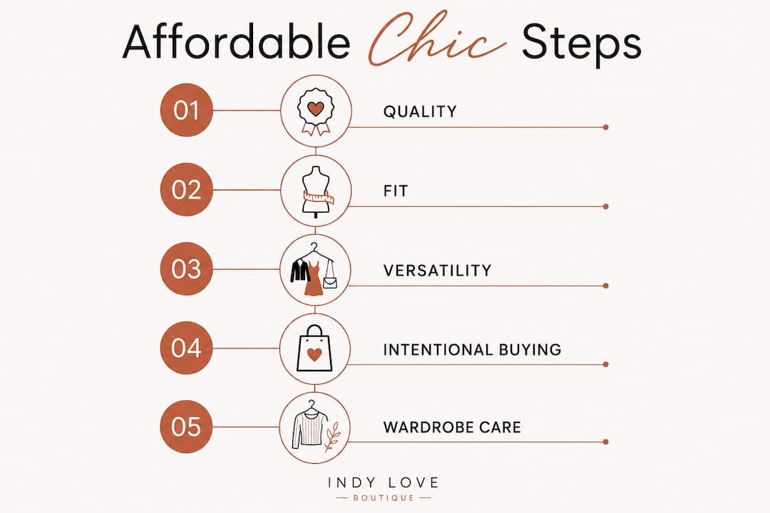 Infographic illustrating five key steps to affordable chic fashion