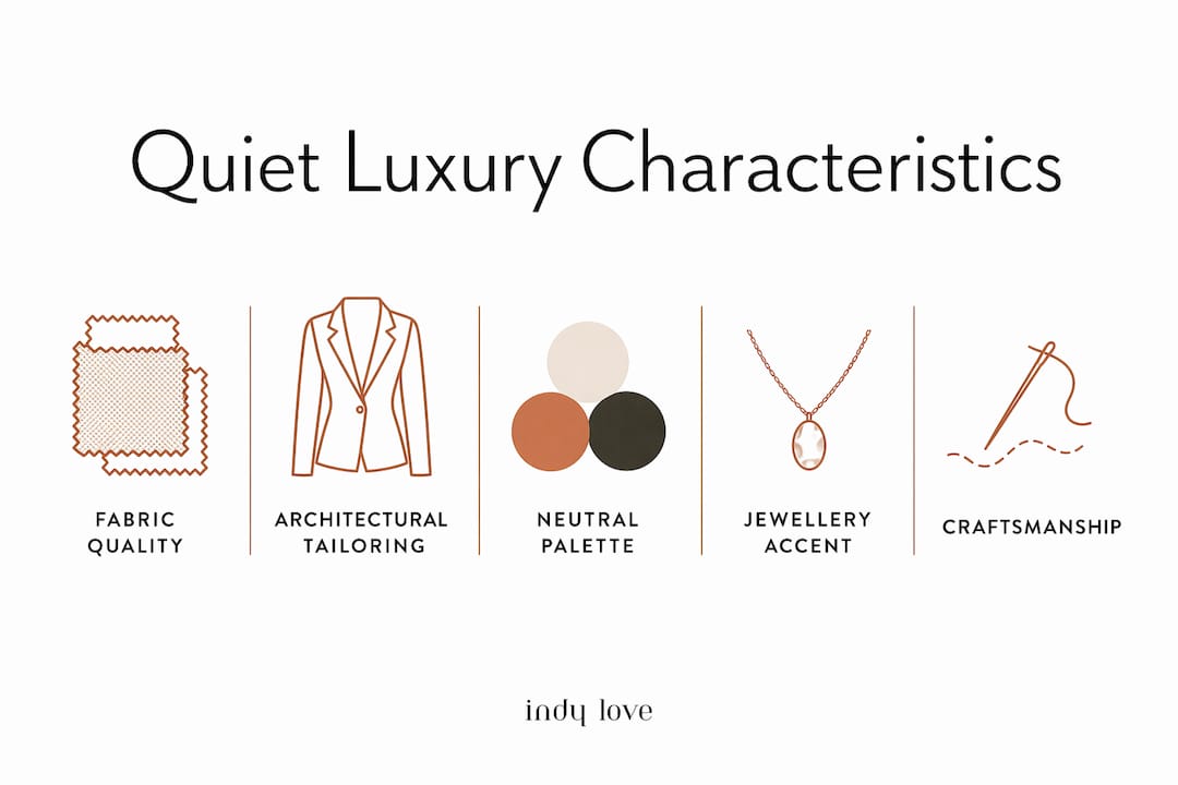 Infographic showing key quiet luxury fashion characteristics
