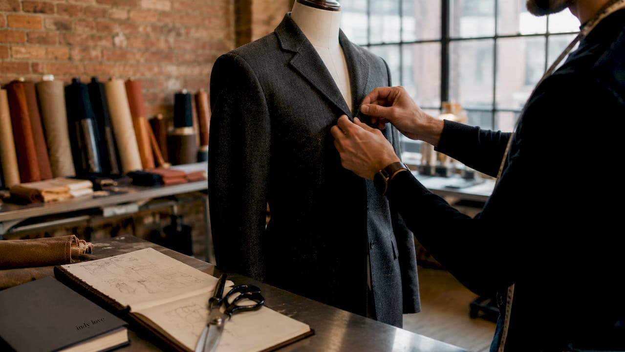 Tailor adjusting lapel of luxury merino blazer