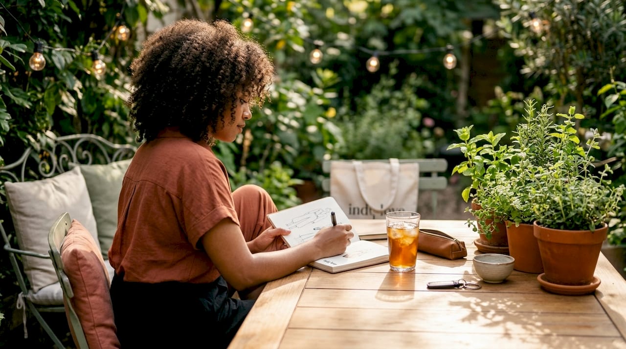 Woman sketching fashion ideas at outdoor cafe