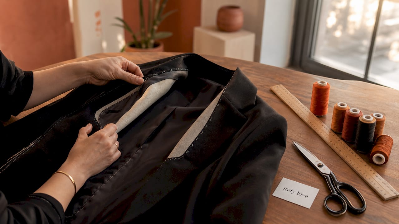 Hands examining blazer stretch lining