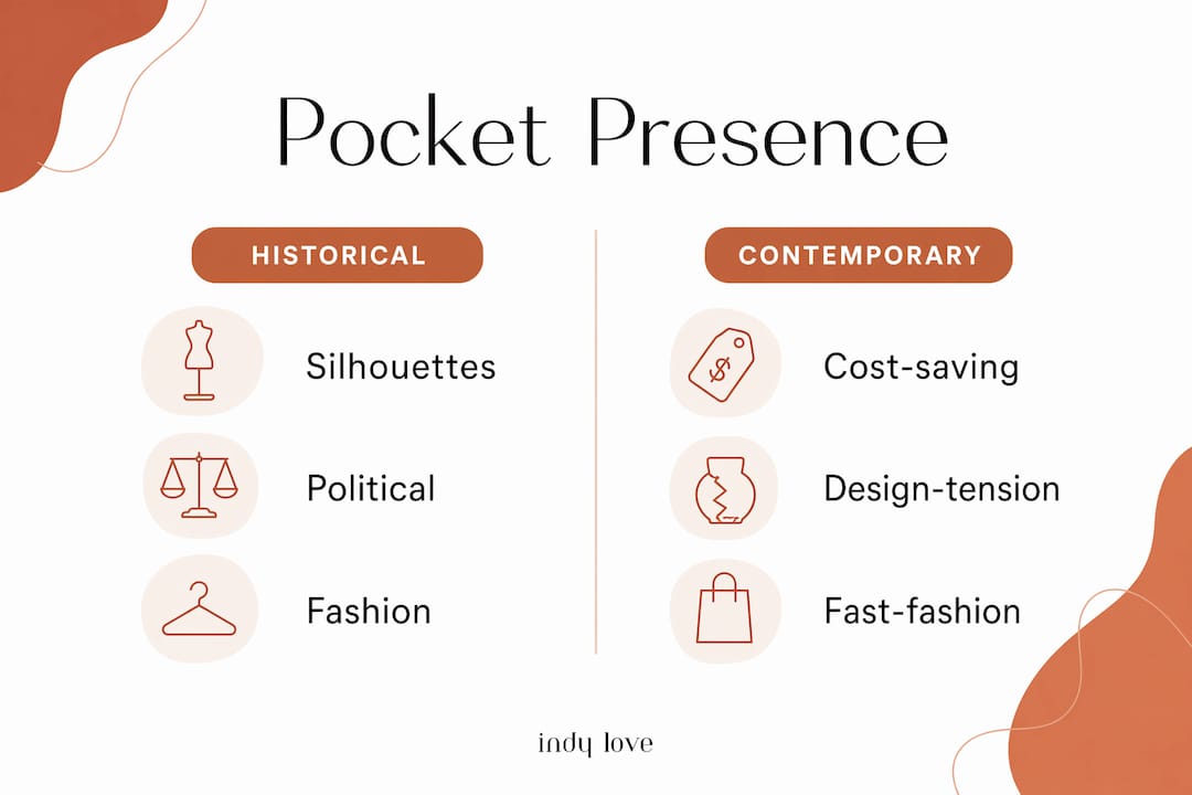 Infographic comparing historical and contemporary reasons for women's pocket absence