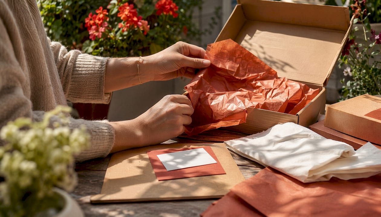 Hands arranging boutique packaging materials