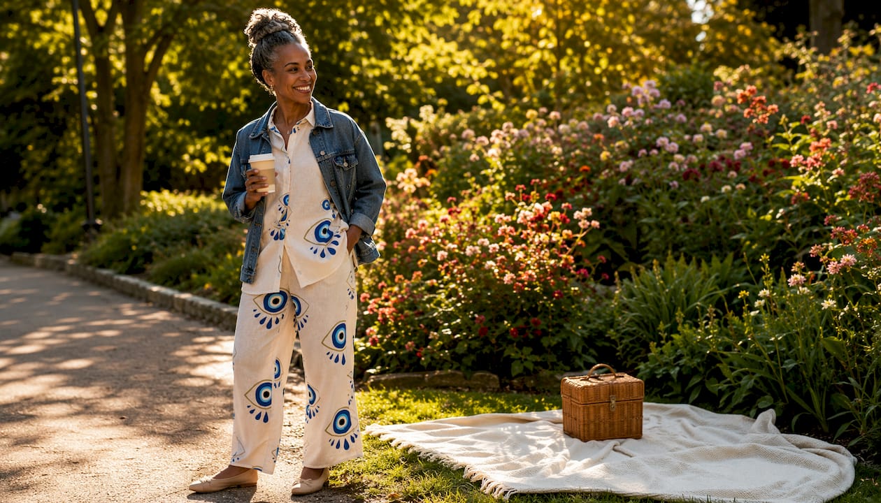 Woman styling loungewear with blazer and sneakers outdoors