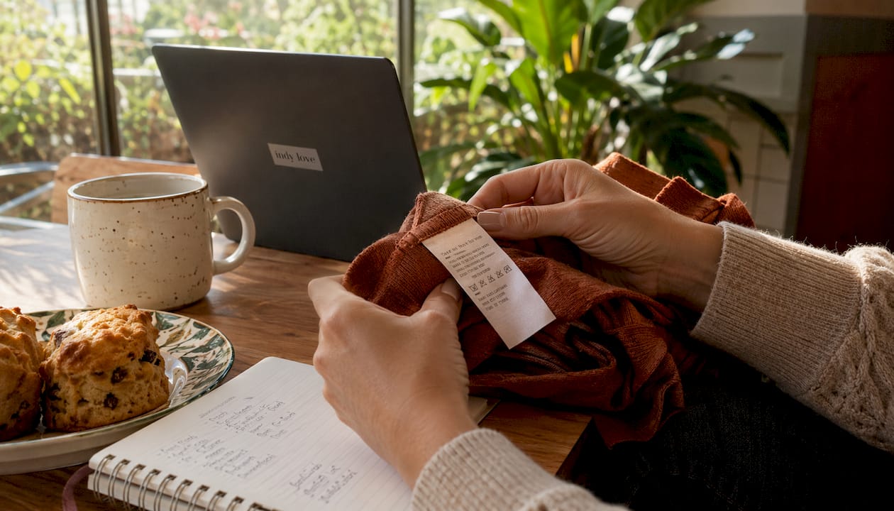 Hands reading fabric care label near laptop