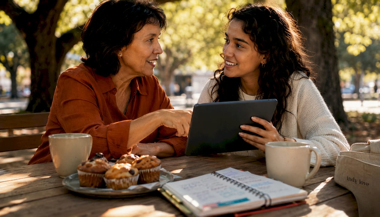 Two women discussing online fashion reviews