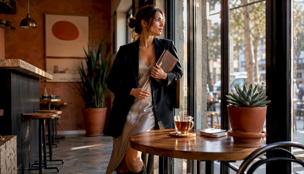 Woman wearing slip dress with blazer in modern office
