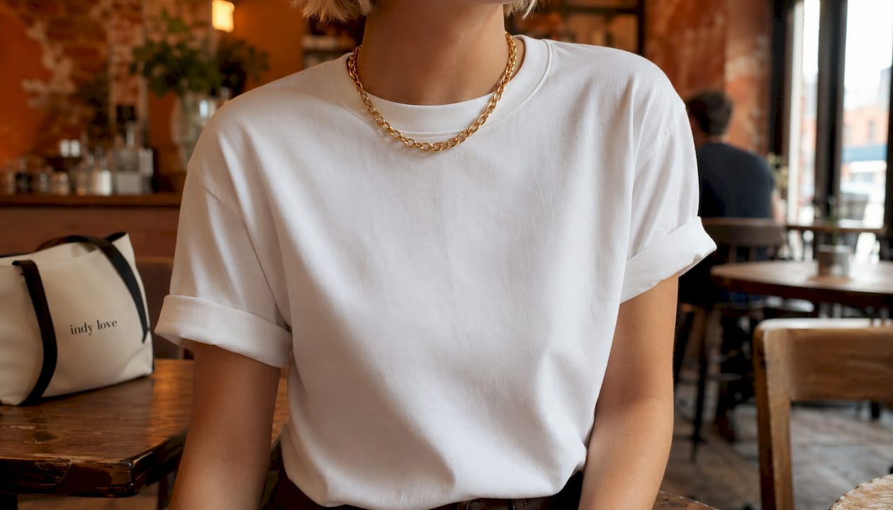 Close-up chunky gold chain necklace on white tee