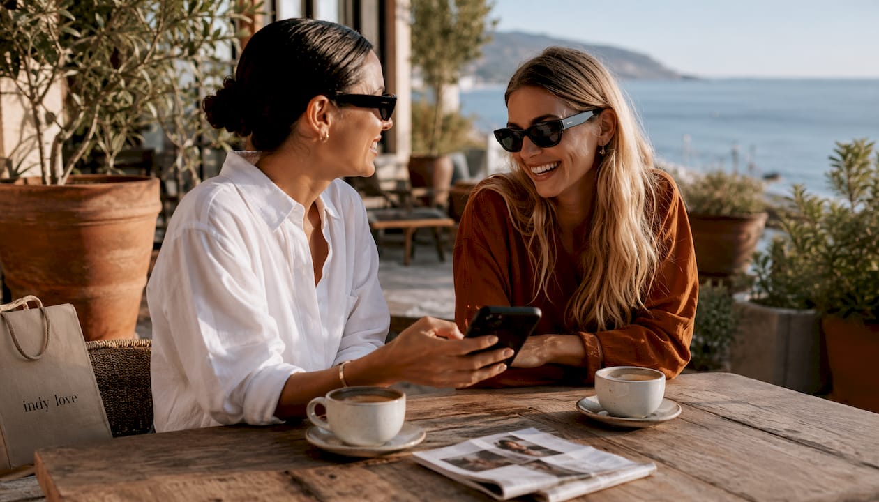 Pair comparing boutique options over coffee