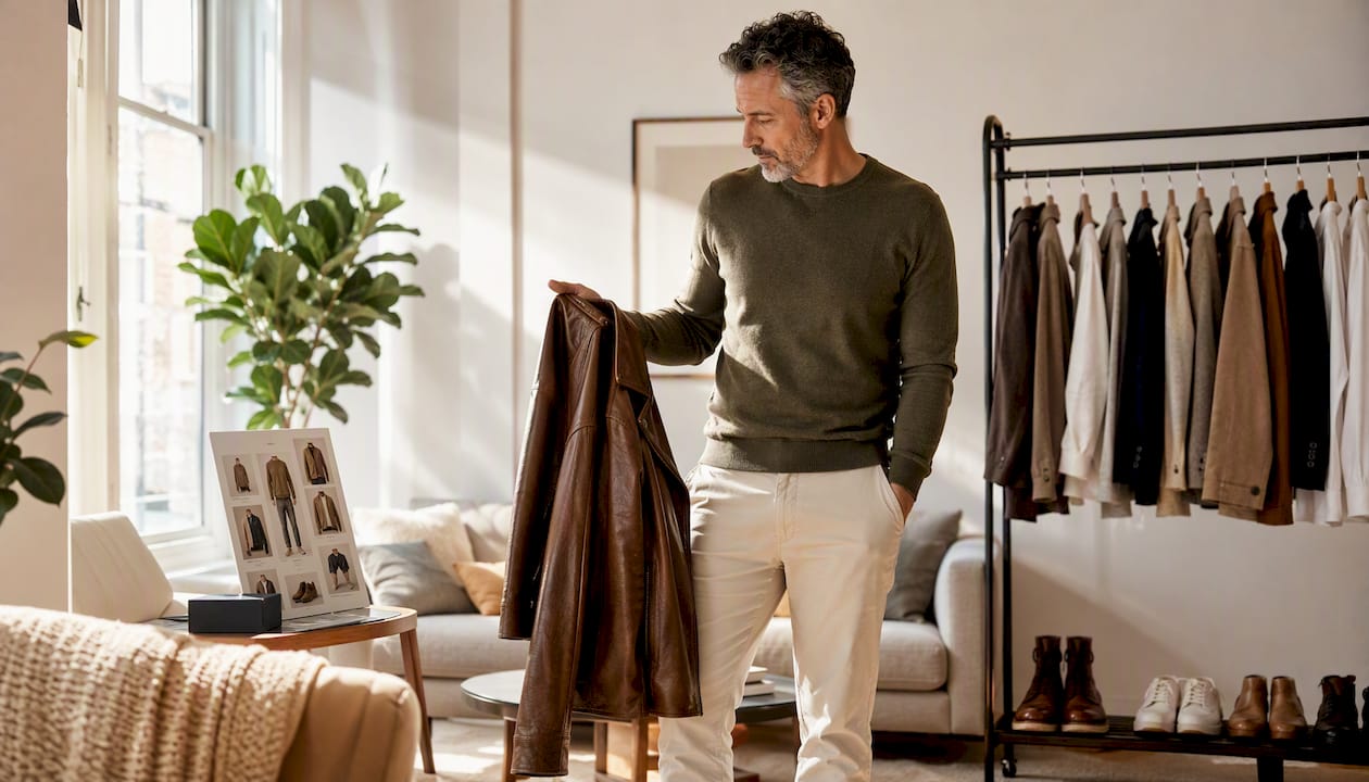 Man choosing outfit from capsule wardrobe at breakfast
