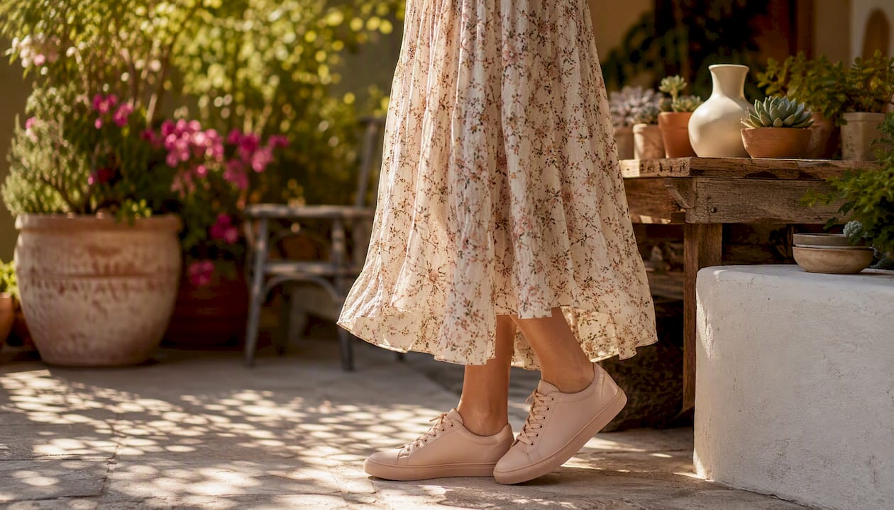 Close-up of minimalist leather sneakers with skirt