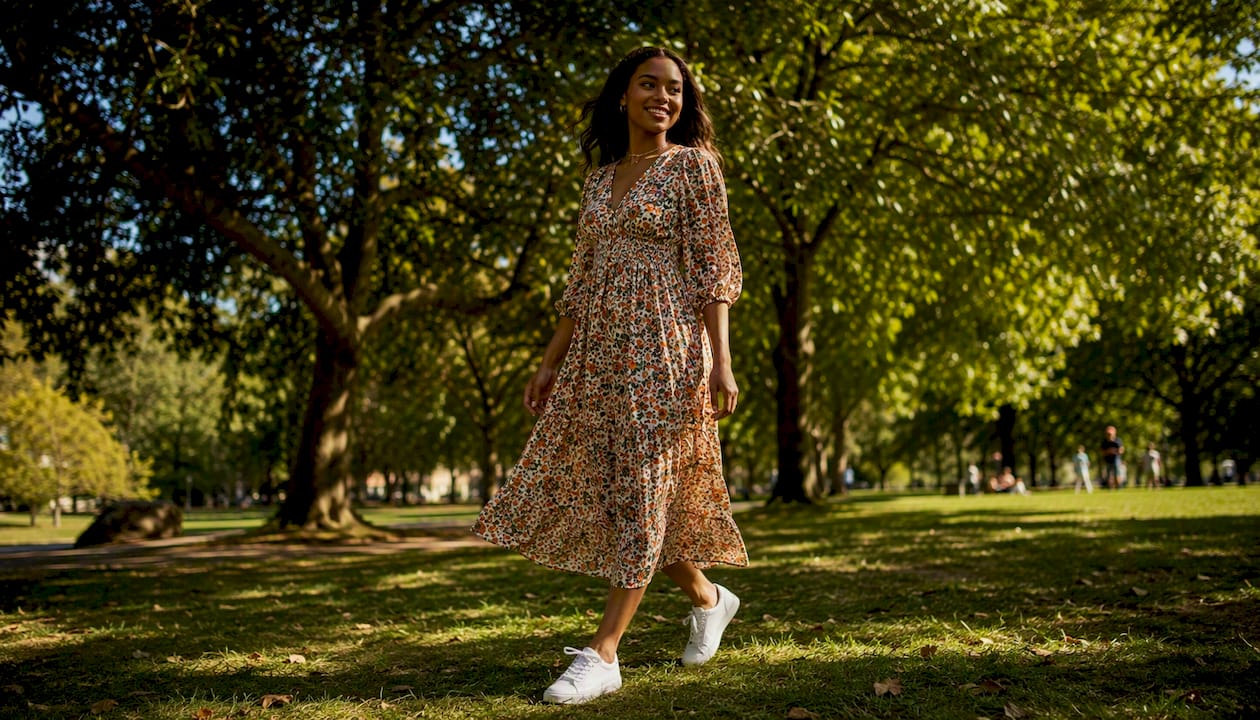 Woman walking outdoors in platform sneakers and skirt