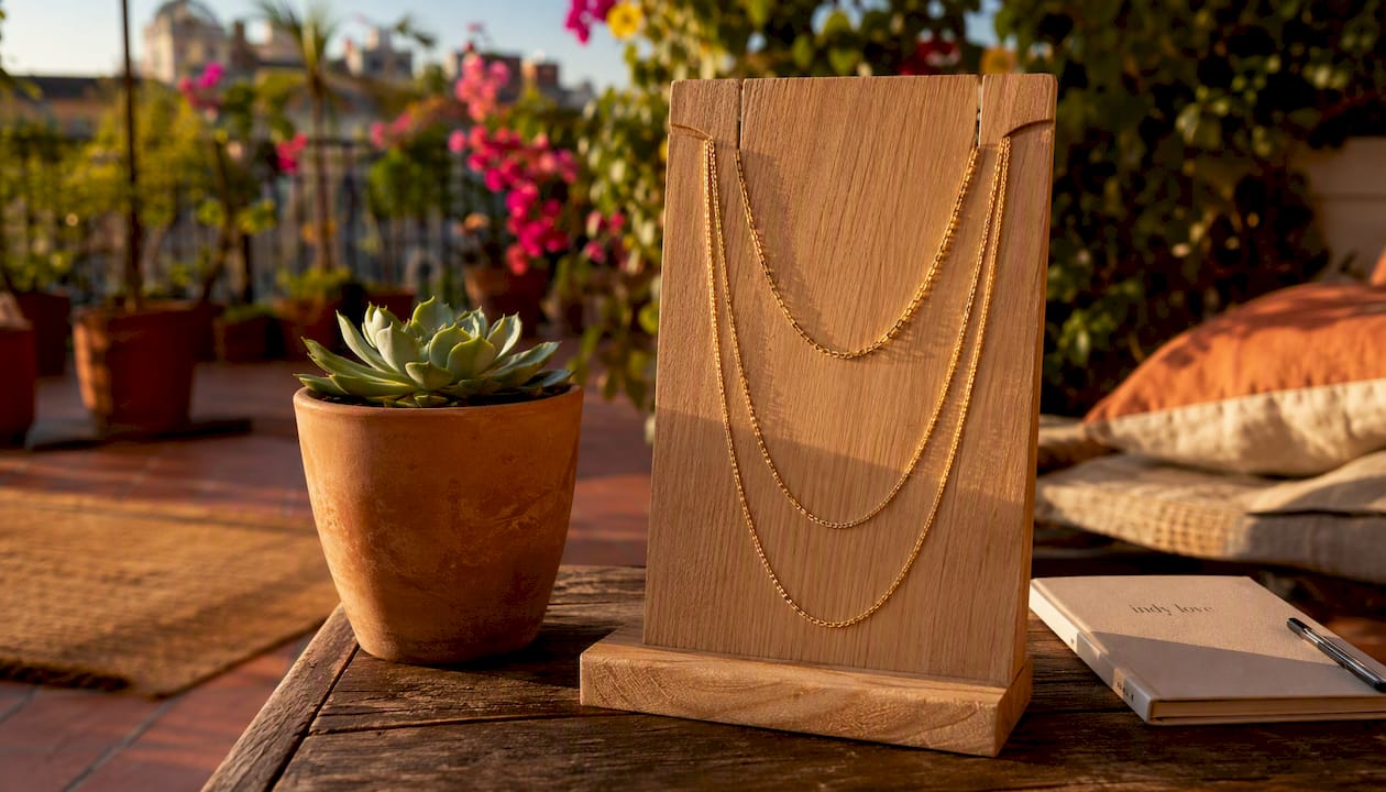 Jewelry stand displaying layered necklaces shortest to longest