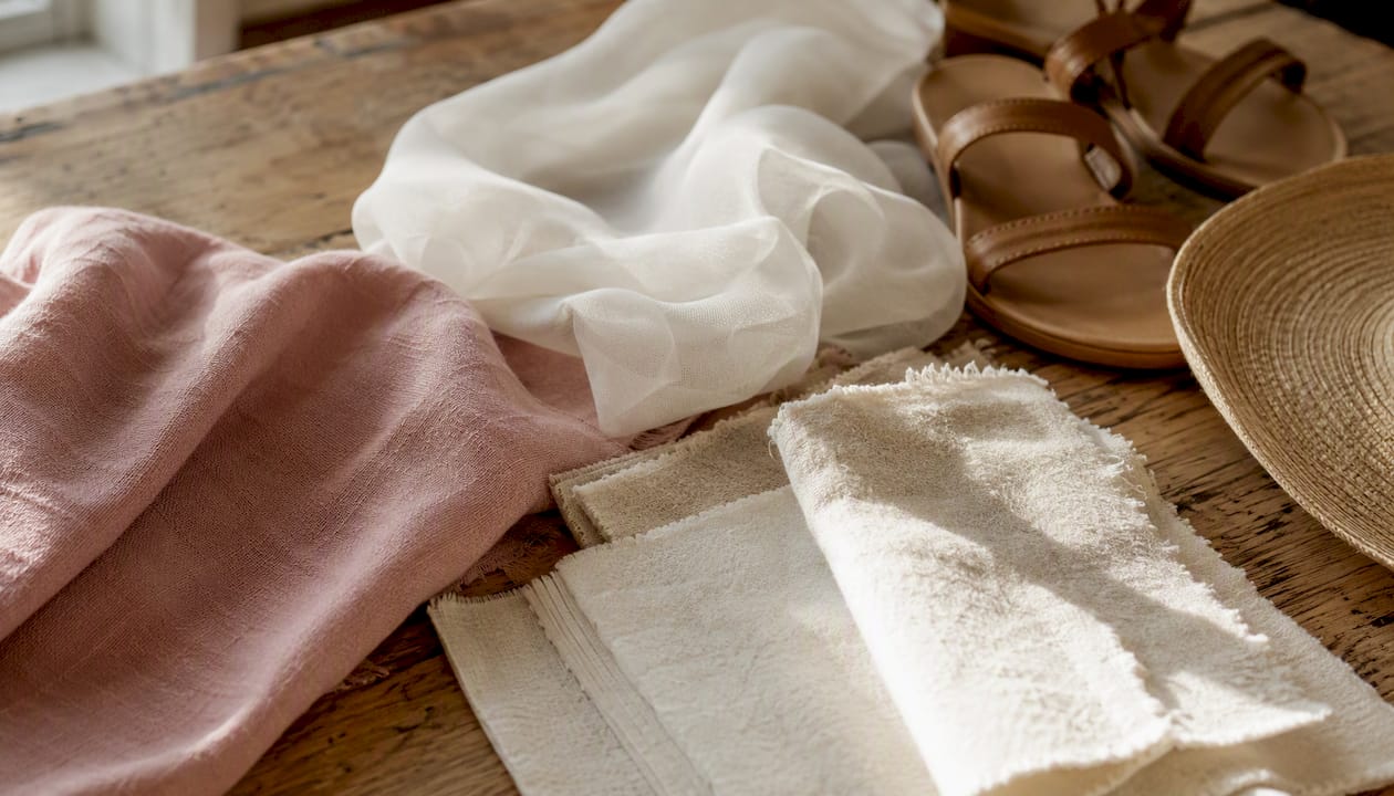 Seasonal fabric samples with sandals and straw hat