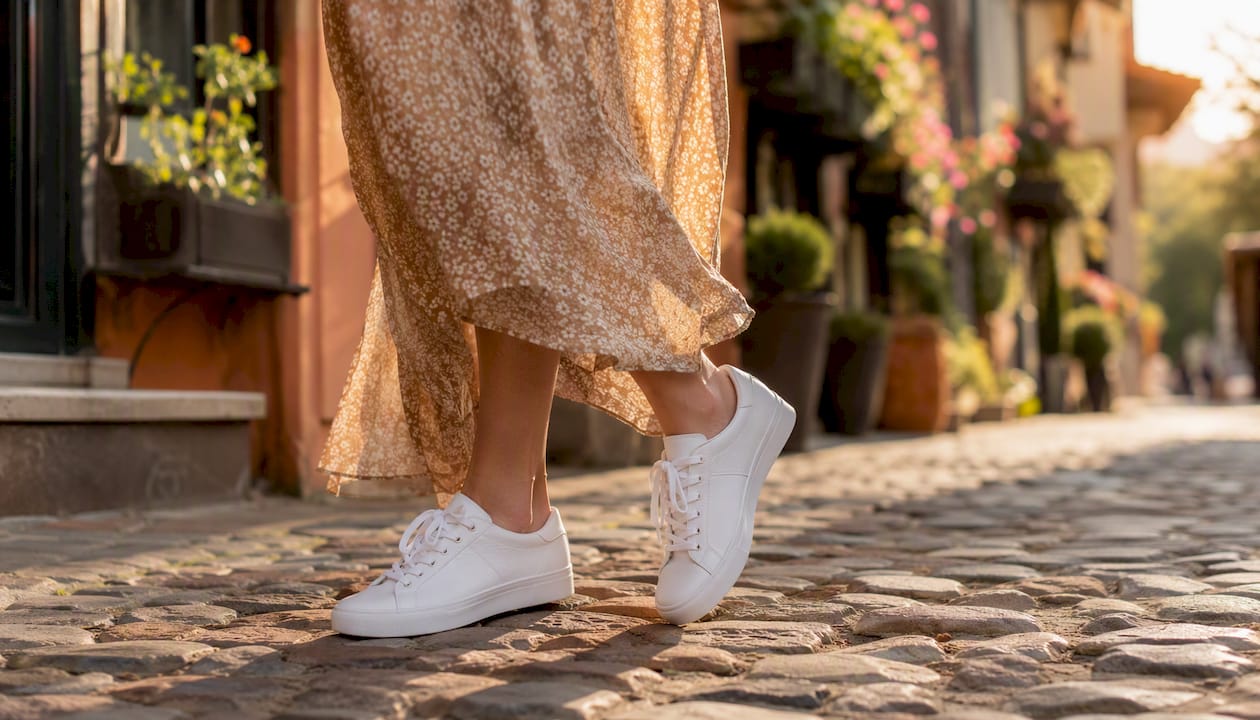 Midi dress with white sneakers on urban sidewalk
