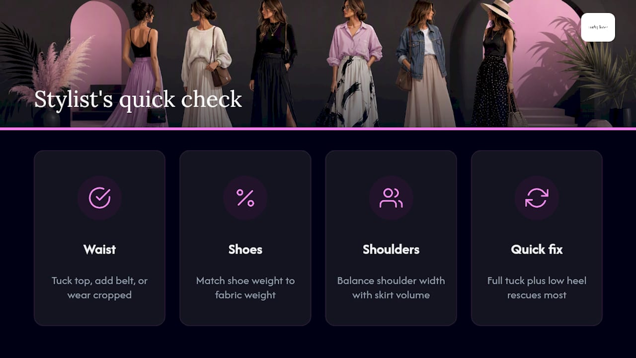 Infographic summarizing maxi skirt styling checklist