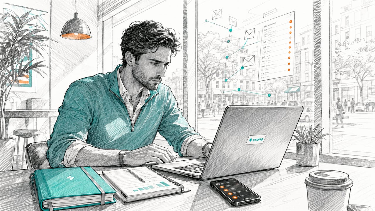Sales representative checking crowded email inbox at desk
