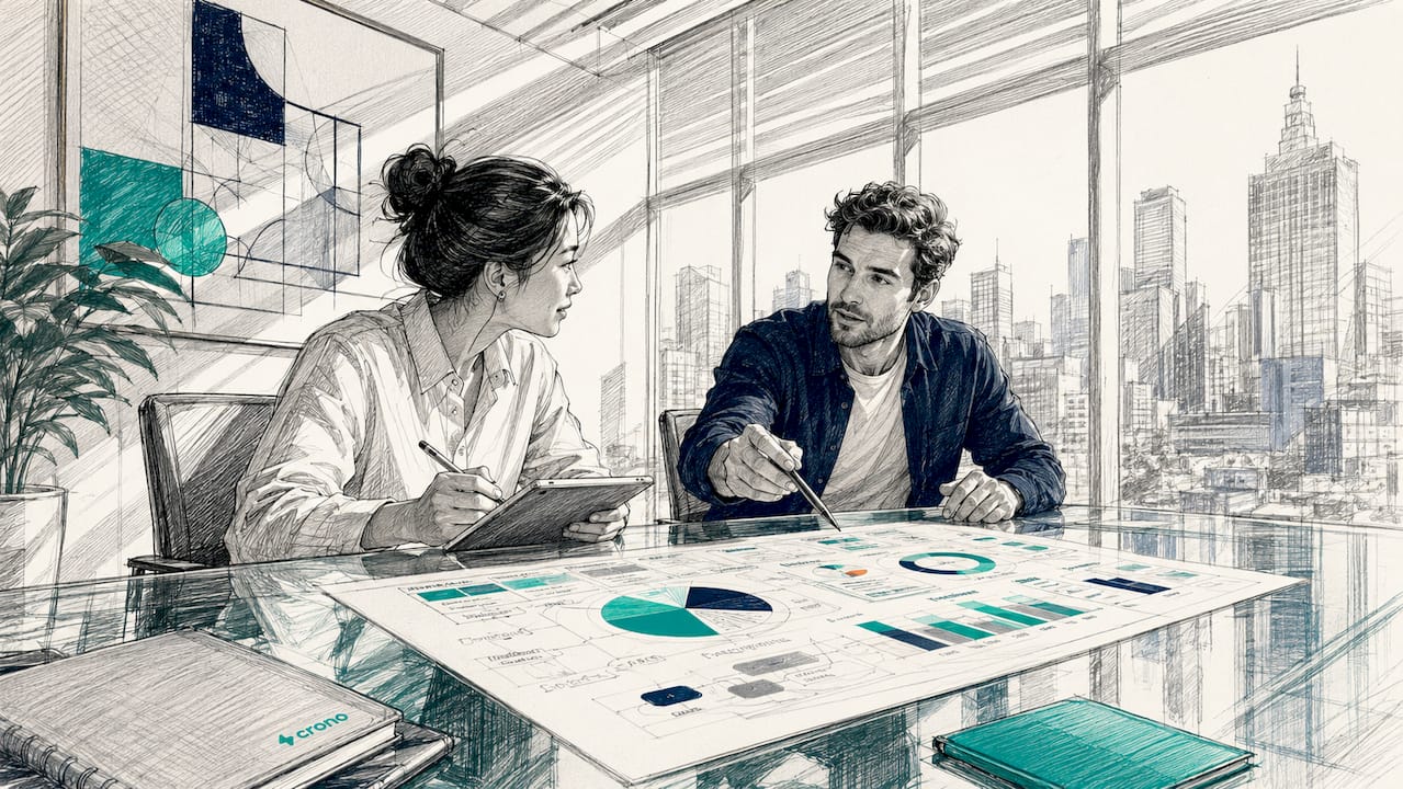 Two sales pros discussing territory plans at office table