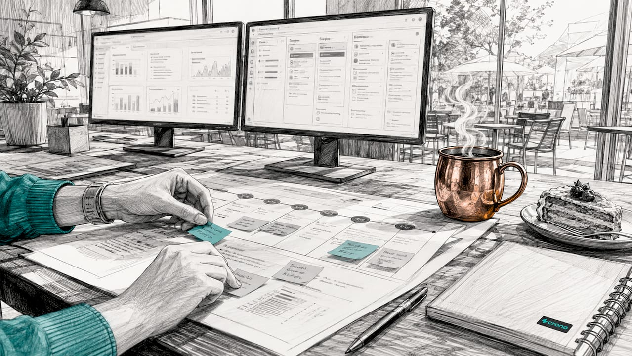 Close-up of hands mapping B2B buyer journey