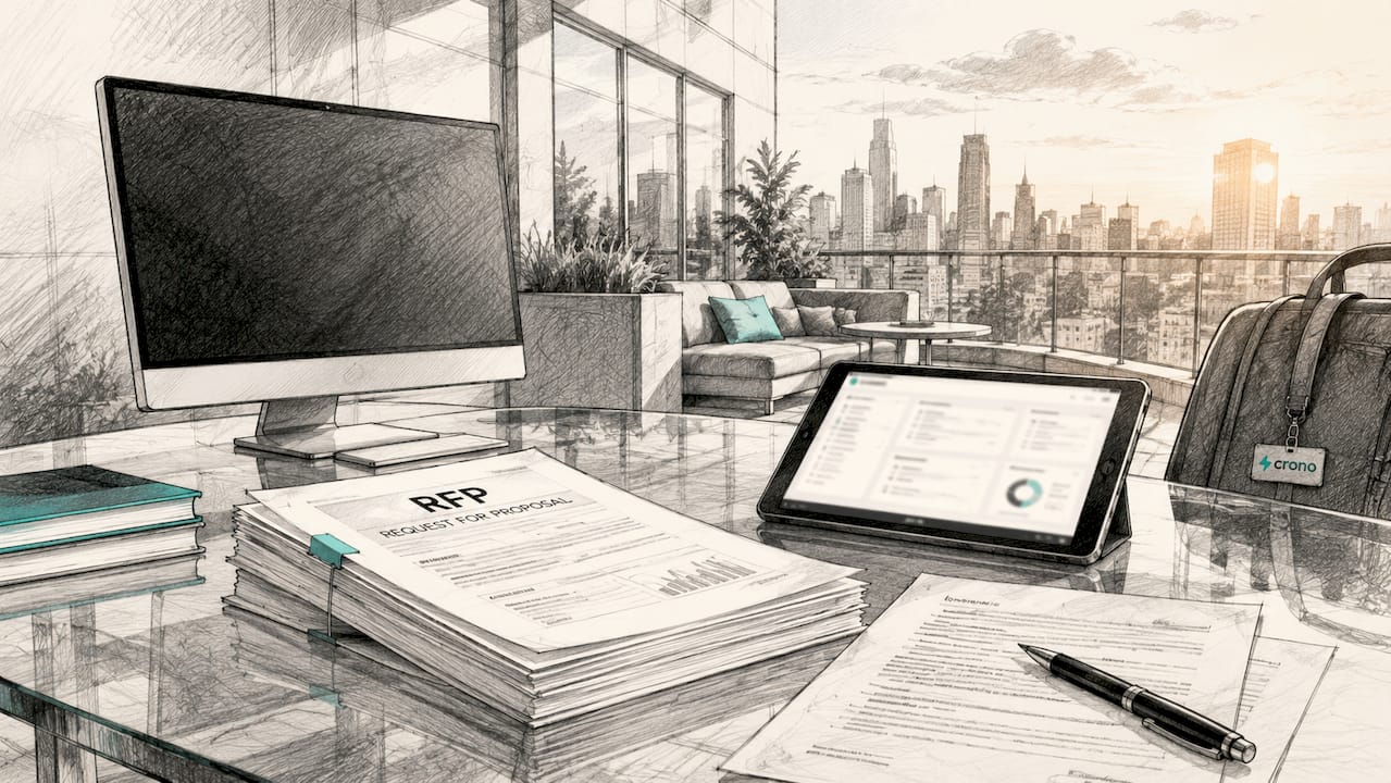 Workspace with RFP documents and tablet