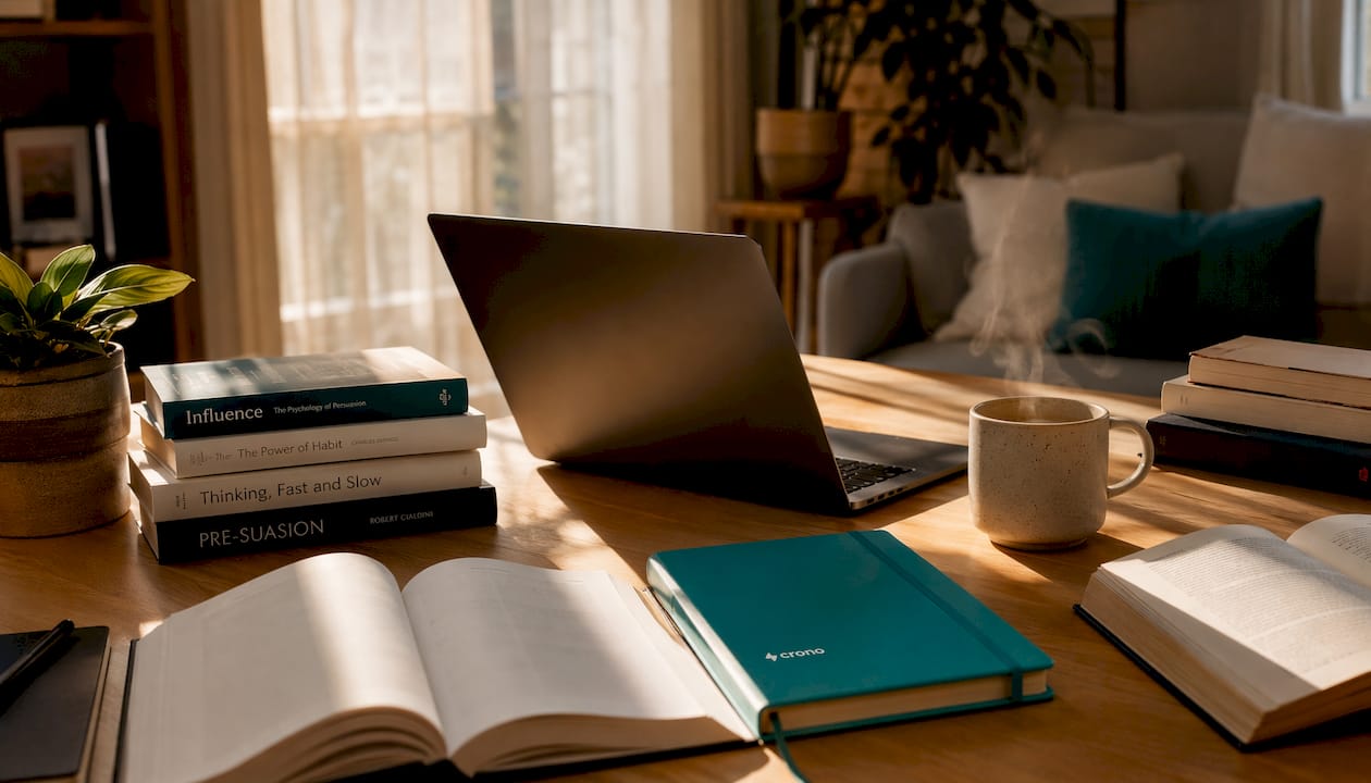 Books and laptop on quiet desk workspace