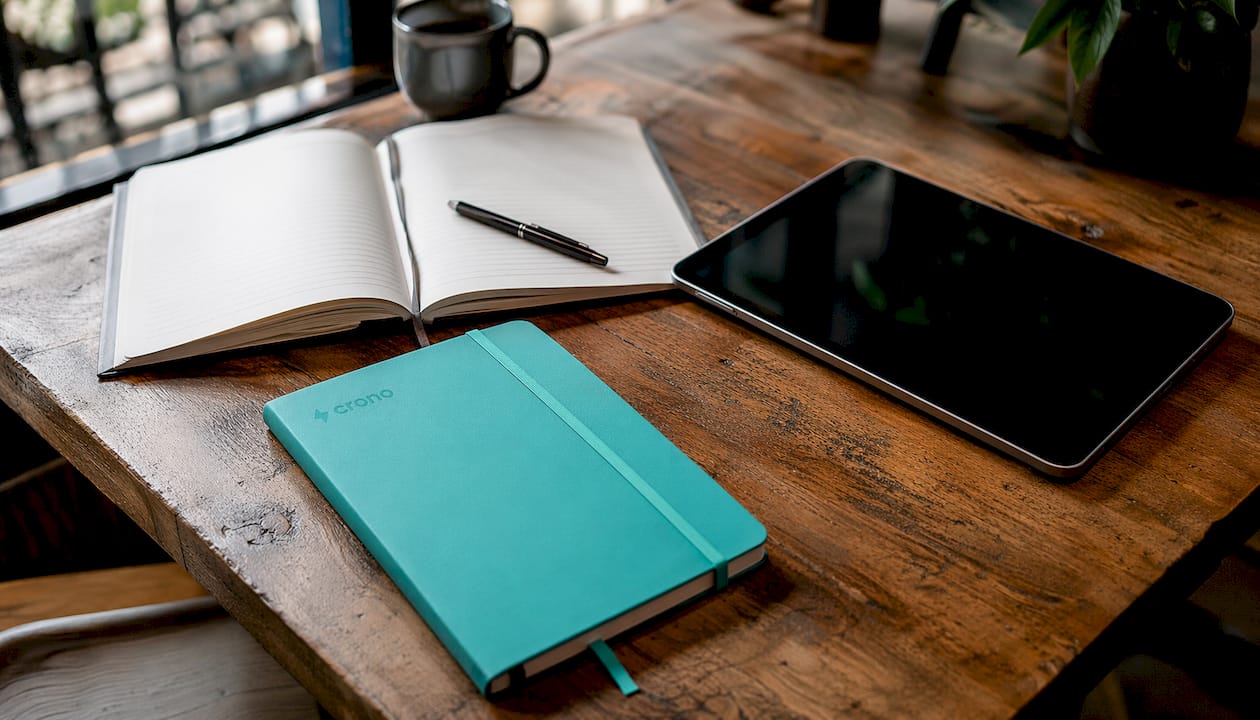 Digital devices and notebook on white table