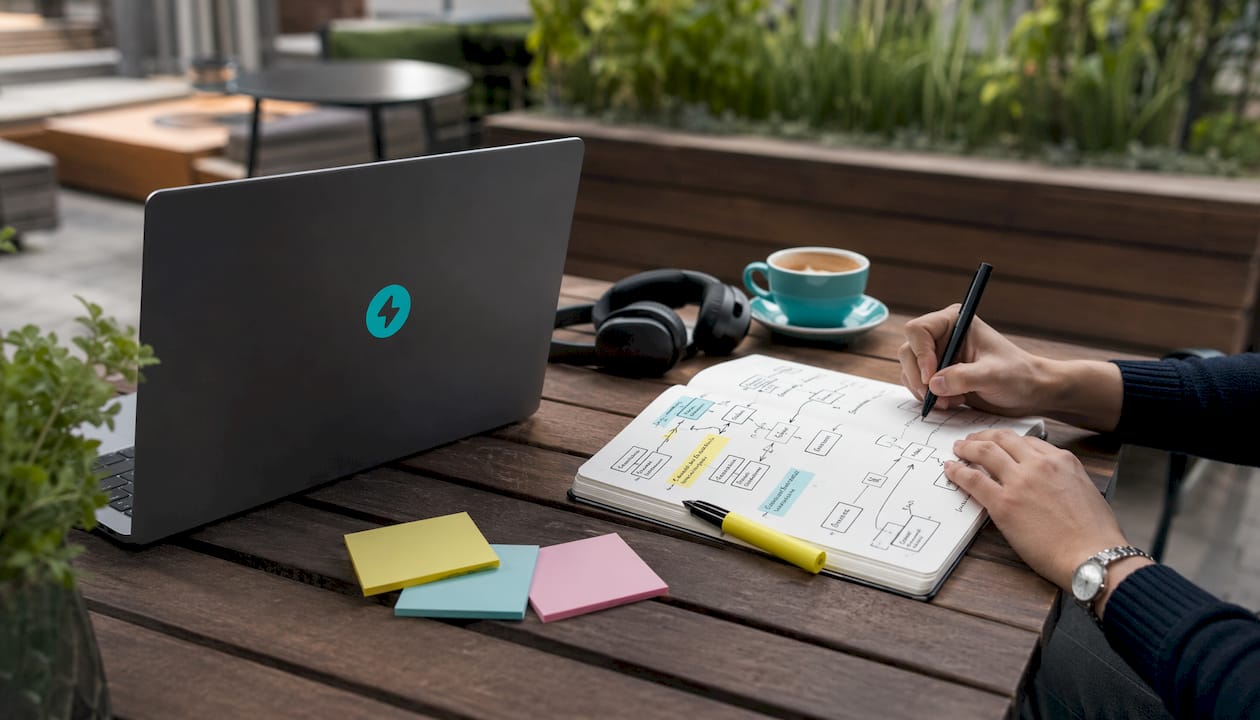 Hands arranging sales workflow charts on desk