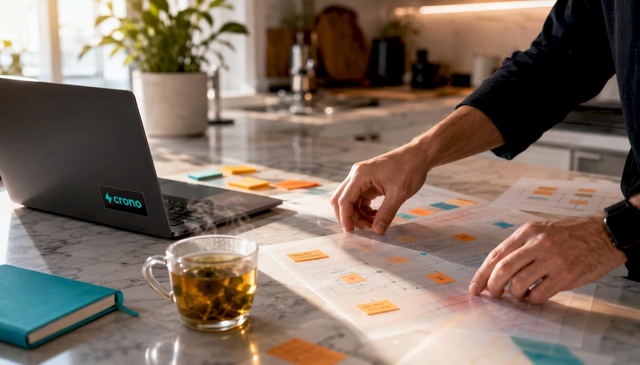 Overhead view of sales process diagrams and devices on table