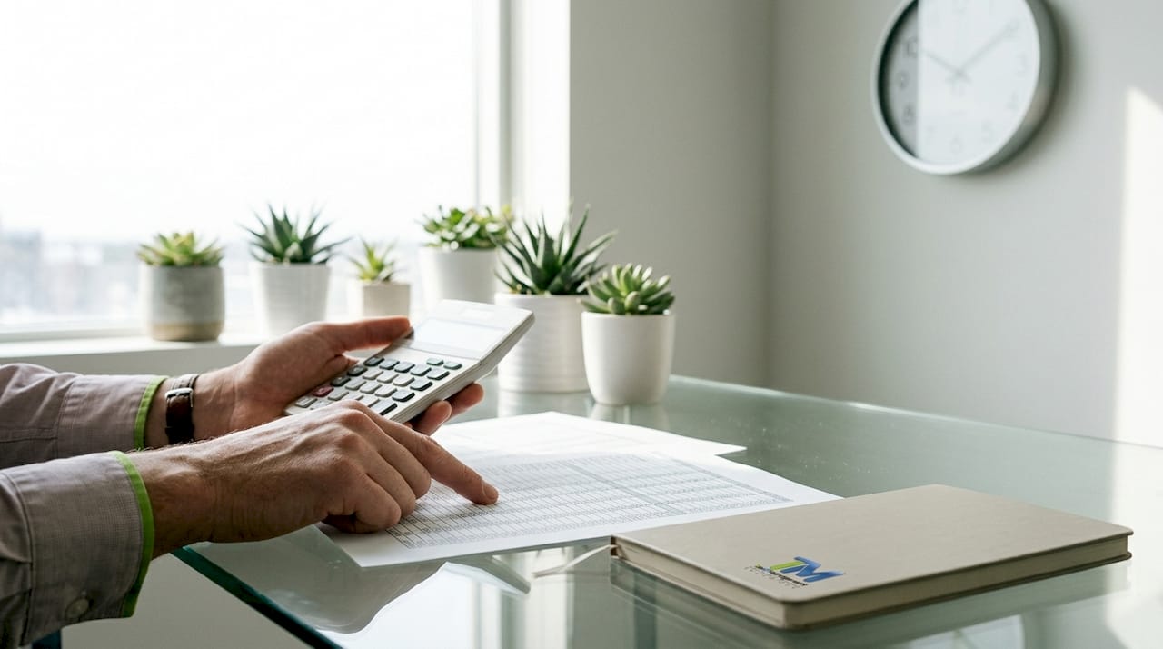 Hands using calculator with accounting documents