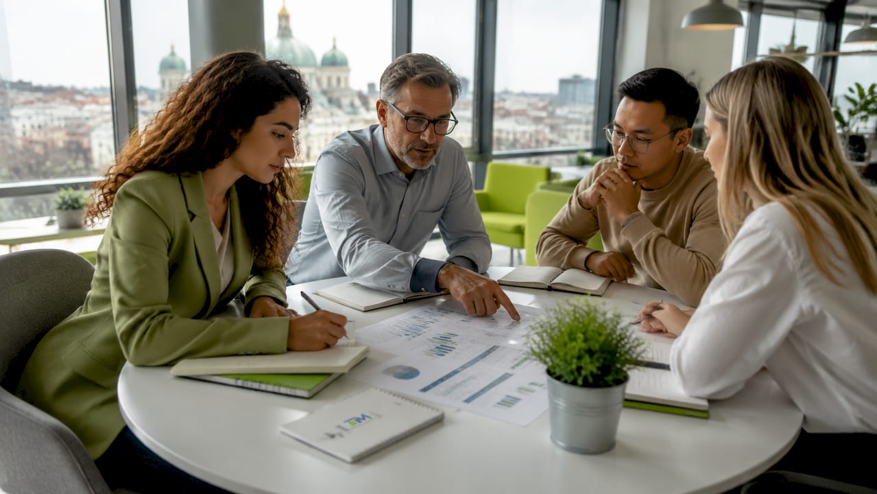 Finance team discussing social security rates in meeting room